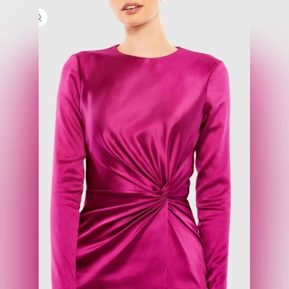 Mac Duggal 26675 Side Twist Long Sleeve Satin Midi Dress NWOT sz 4 Magenta Pink - Picture 3 of 6